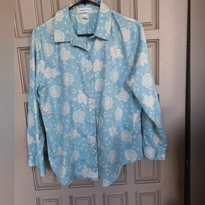 Coldwater Creek Baby Blue Blouse/Wht Floral Collar/Cuffs Cotton Button Front